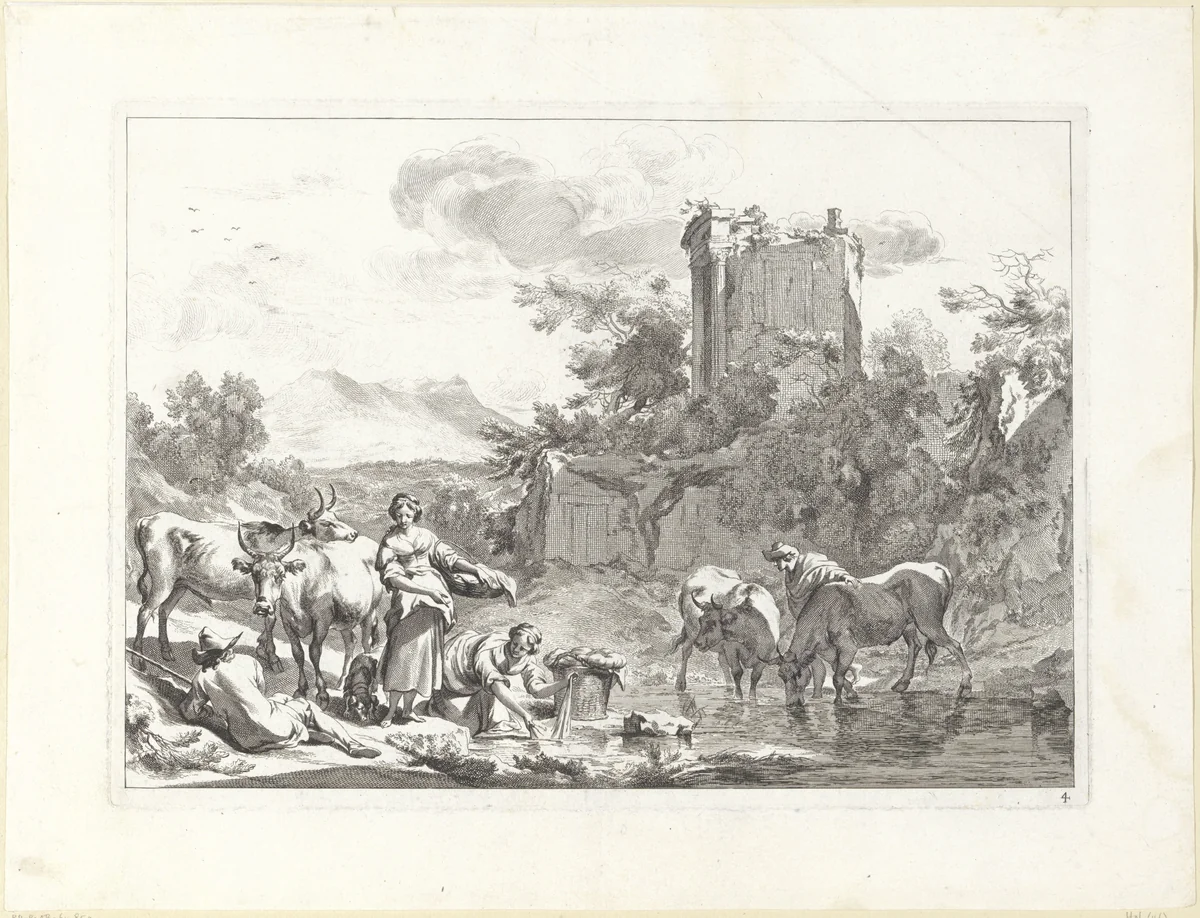 Rivieroever met wasvrouwen by Jan de Visscher, print, 1670