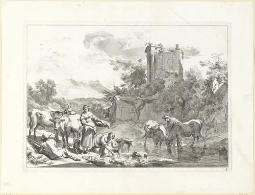 Rivieroever met wasvrouwen by Jan de Visscher, print, 1670