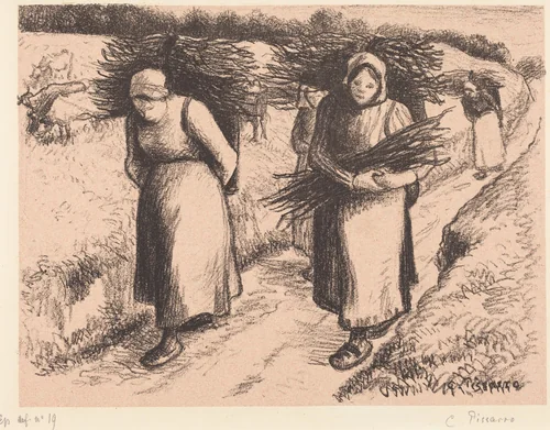 Peasants Carrying Sticks (Paysannes portant des fagots) by Camille Pissarro, print, 1896