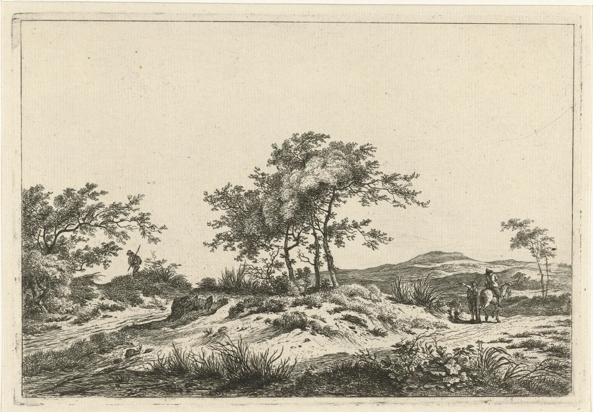 Landschap met ruiter en voetganger by Hermanus Fock, print, 1781-1822