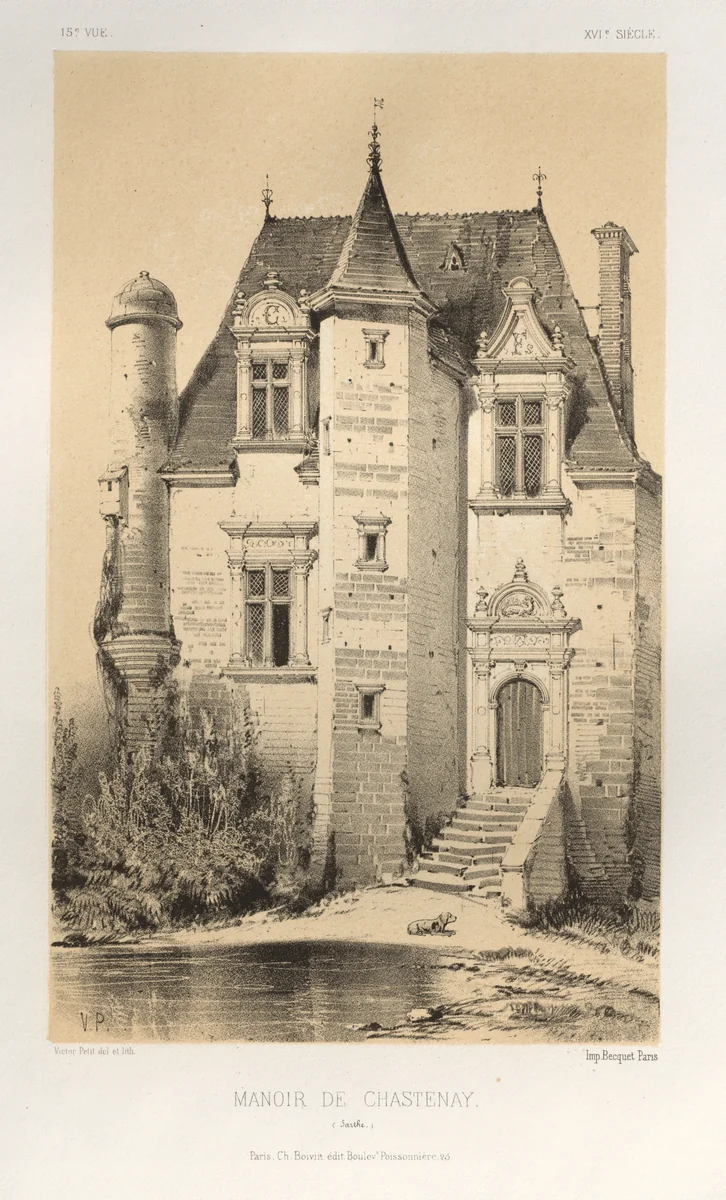 Architecture Pittoresque ou Monuments des xveme. Et xvieme. Siecles: Chateaux De France des XV et XVI Siecles: Pl.15, Manoir De Chastenay (Sarthe) by Victor Petit, print, 1860