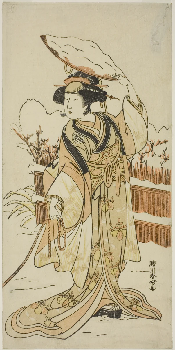 The Actor Yoshizawa Ayame IV as Yadorigi, the Sister of Nikaido Shinanosuke, Disguised as Orie, the Wife of Aoto Magosaburo, in Part Two of the Play Motomishi Yuki Sakae Hachi no Ki (Looking up at Falling Snow: Thriving Potted Trees), Performed at the Nakamura Theater from the First Day of the Eleventh Month, 1778 by Katsukawa Shunko, print, 1773-1783