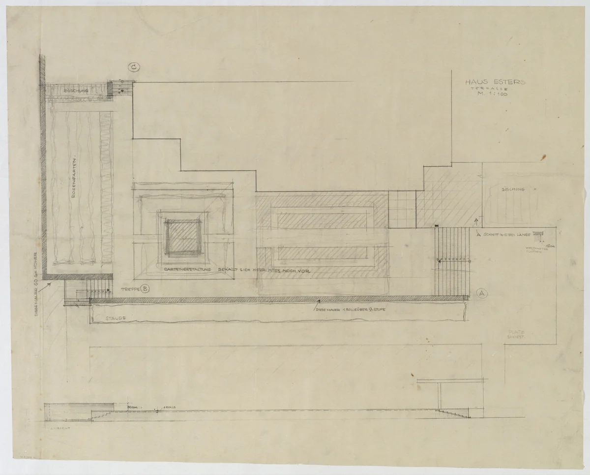 Josef Esters House, Krefeld, Germany, Site plan with garden. Platform elevation by Ludwig Mies van der Rohe, mies van der rohe archive, 1927