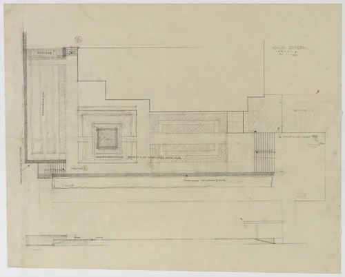 Josef Esters House, Krefeld, Germany, Site plan with garden. Platform elevation by Ludwig Mies van der Rohe, mies van der rohe archive, 1927