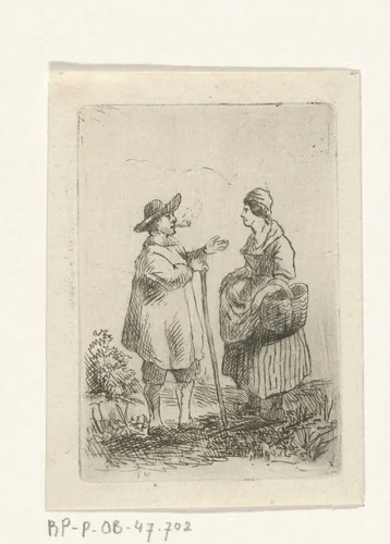 Boer en boerin in gesprek by David van der Kellen, print, 1814-1879