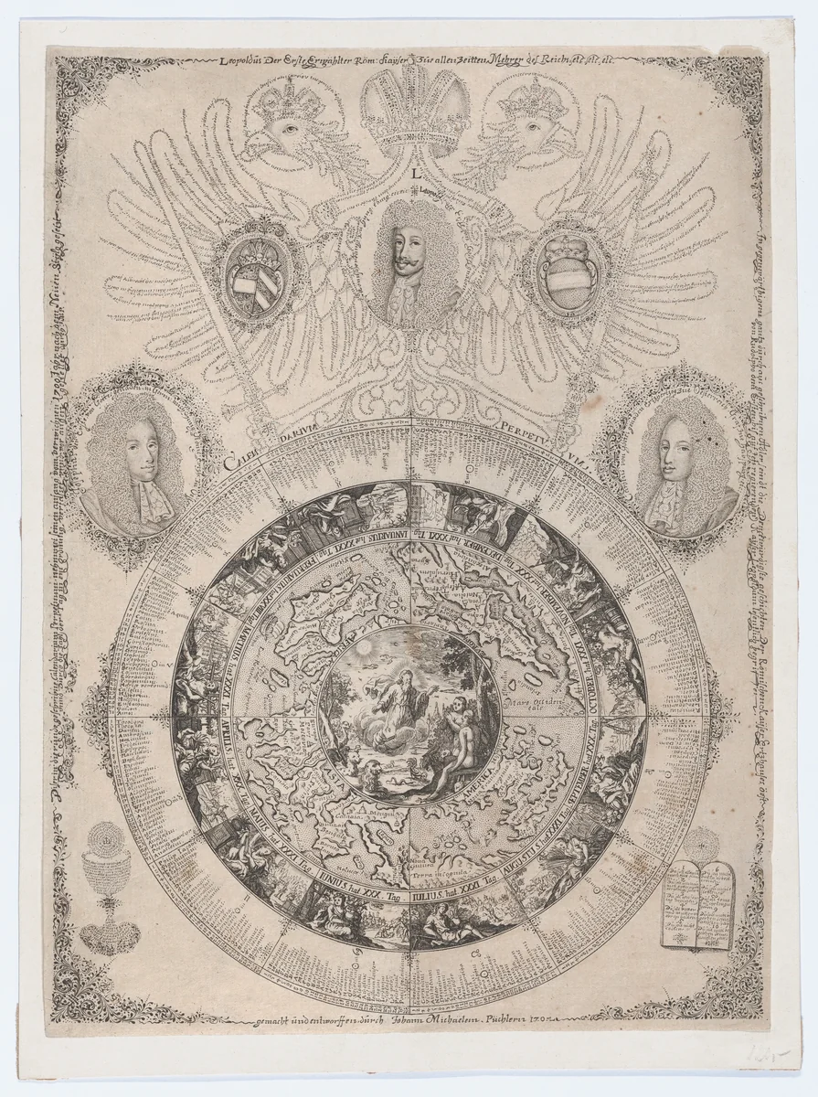 The Perpetual Calendar with Portraits of Leopold I and his sons Joseph and Charles by Johann Michael Püchler, print, 1702