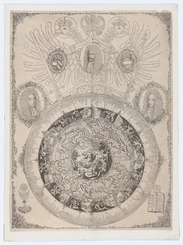 The Perpetual Calendar with Portraits of Leopold I and his sons Joseph and Charles by Johann Michael Püchler, print, 1702