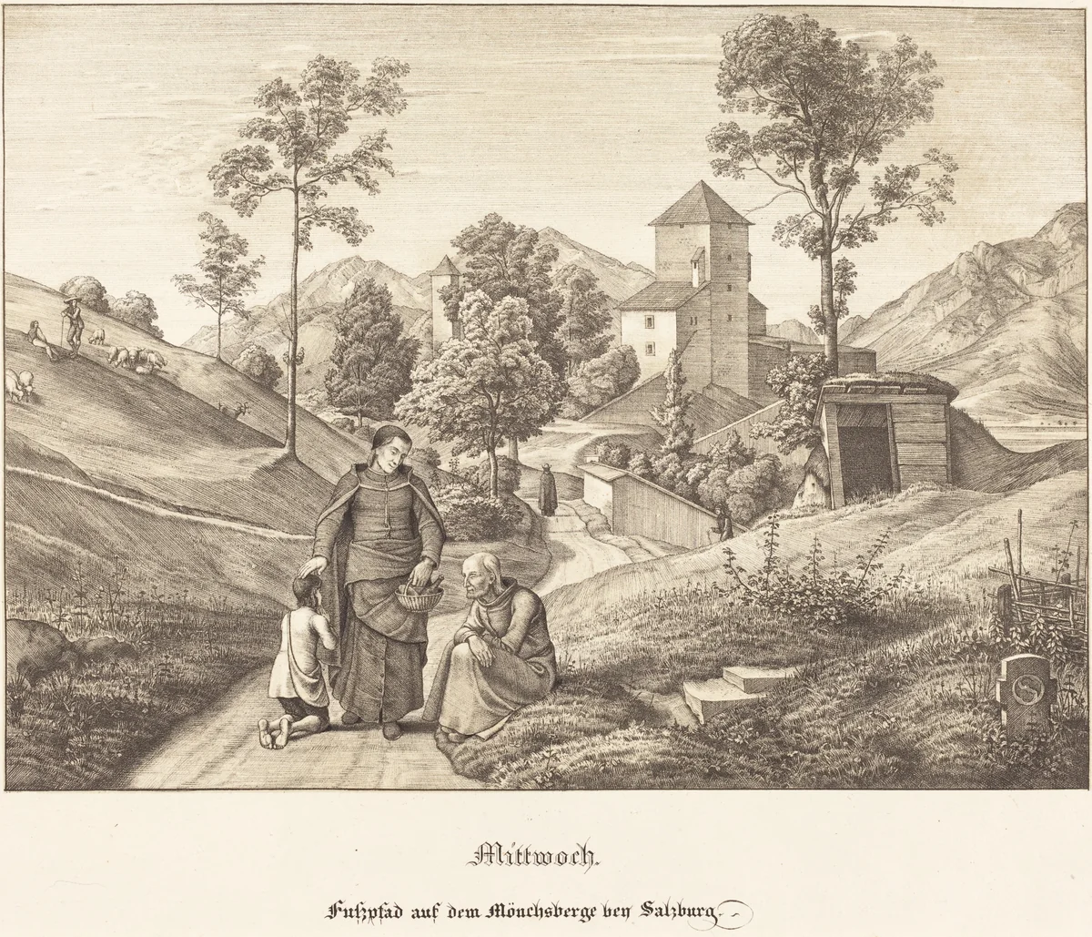 Mittwoch - Fusspfad auf dem Mönchsberge bey Salzburg (Wednesday - Footpath on the Mönchsberge near Salzburg) by Ferdinand Olivier, print, 1823