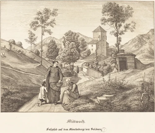 Mittwoch - Fusspfad auf dem Mönchsberge bey Salzburg (Wednesday - Footpath on the Mönchsberge near Salzburg) by Ferdinand Olivier, print, 1823