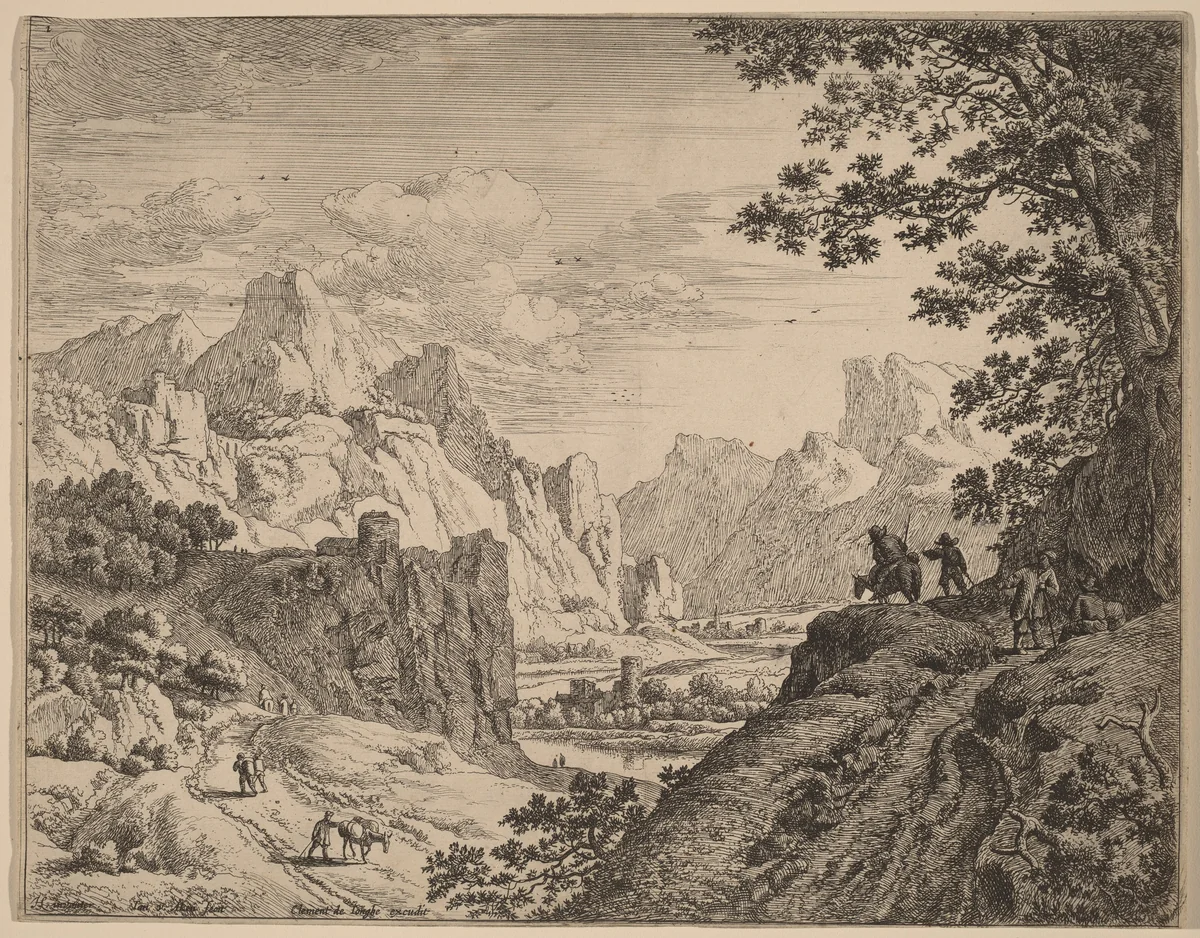 View of the River Rhine by Jan van Aken; Herman Saftleven; Clement de Jonghe, print, 1614-1661