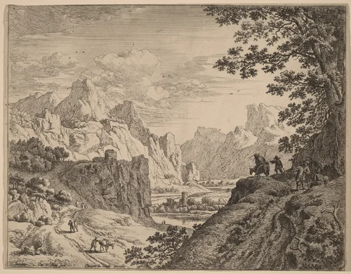 View of the River Rhine by Jan van Aken; Herman Saftleven; Clement de Jonghe, print, 1614-1661