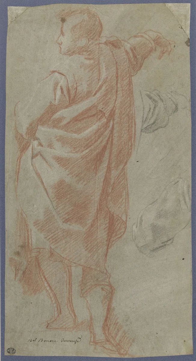 Studie van een jongeman in een mantel en details by Carlo Bononi, drawing, 1605-1612