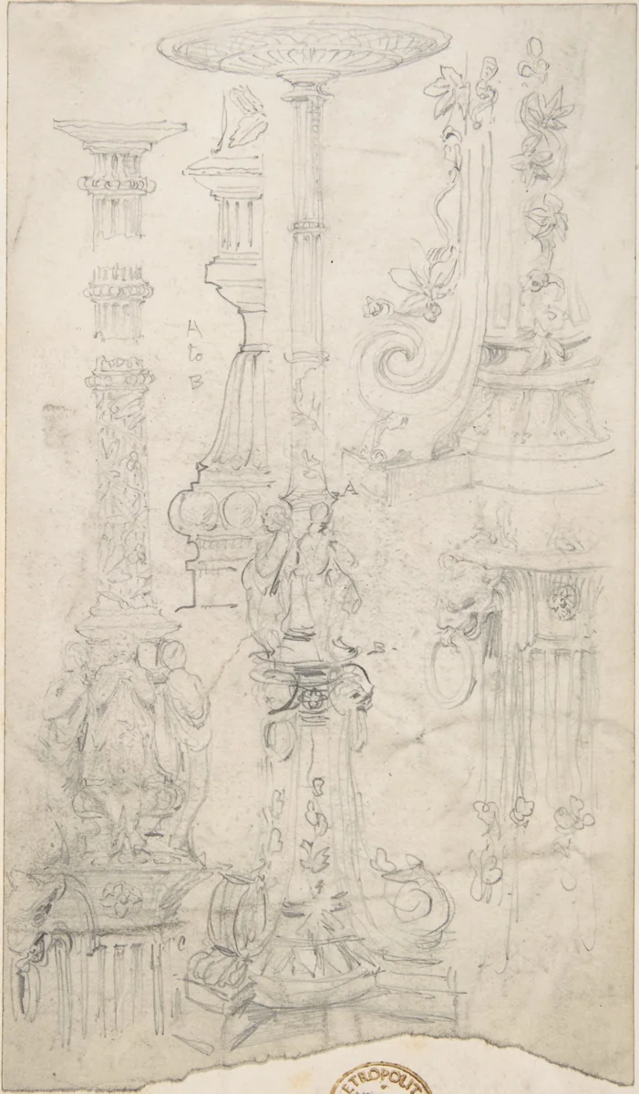 Ornamental Column Designs by anonymous, drawing, 1850-1900