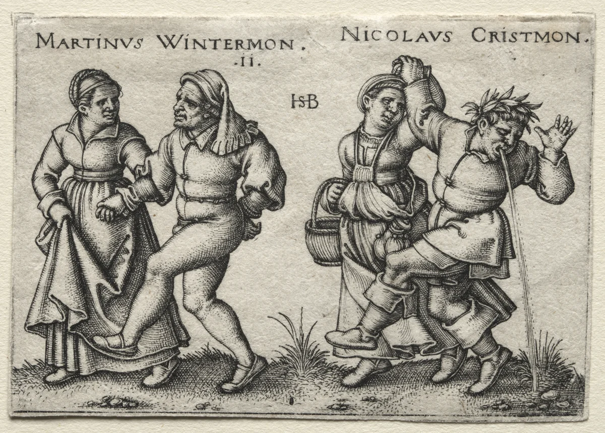 The Village Wedding: Martinus Wintermon / Nicolaus Cristmon by Hans Sebald Beham, print, 1546