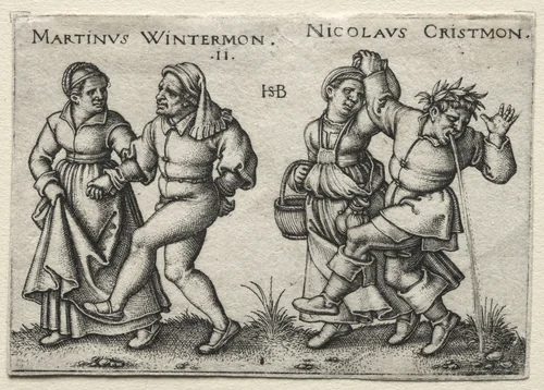 The Village Wedding: Martinus Wintermon / Nicolaus Cristmon by Hans Sebald Beham, print, 1546
