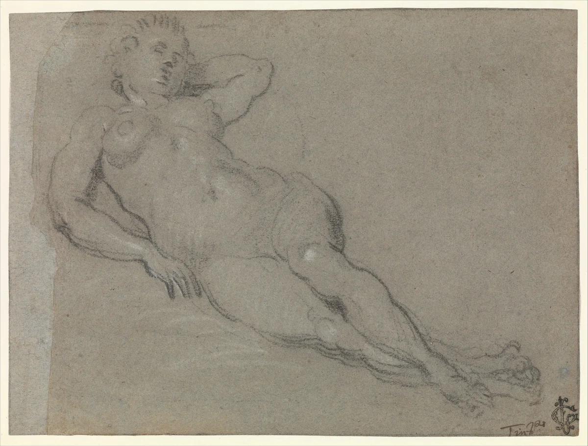 Reclining Female Nude by Domenico Tintoretto, drawing, 1600-1635
