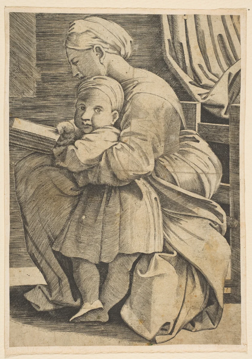 The Virgin reading with the infant Christ; woman seated in profile facing left and reading with an arm around a child who looks out toward the viewer by anonymous, print, 1515-1600