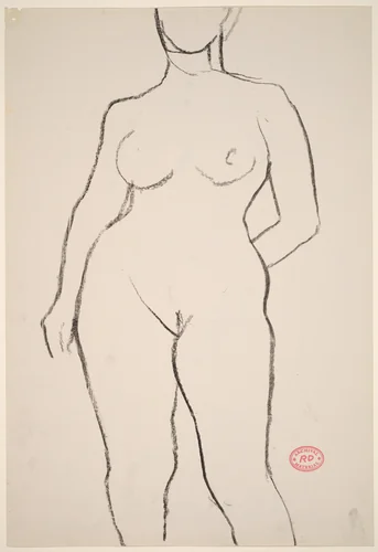 Untitled [front view of nude with left hand behind her back] [recto] by Richard Diebenkorn, drawing, 1955-1967