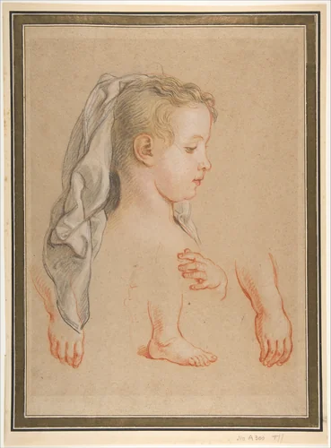 Head of a Young Girl and Studies of Hands and of her Right Foot by Charles de La Fosse, drawing, 1645-1716