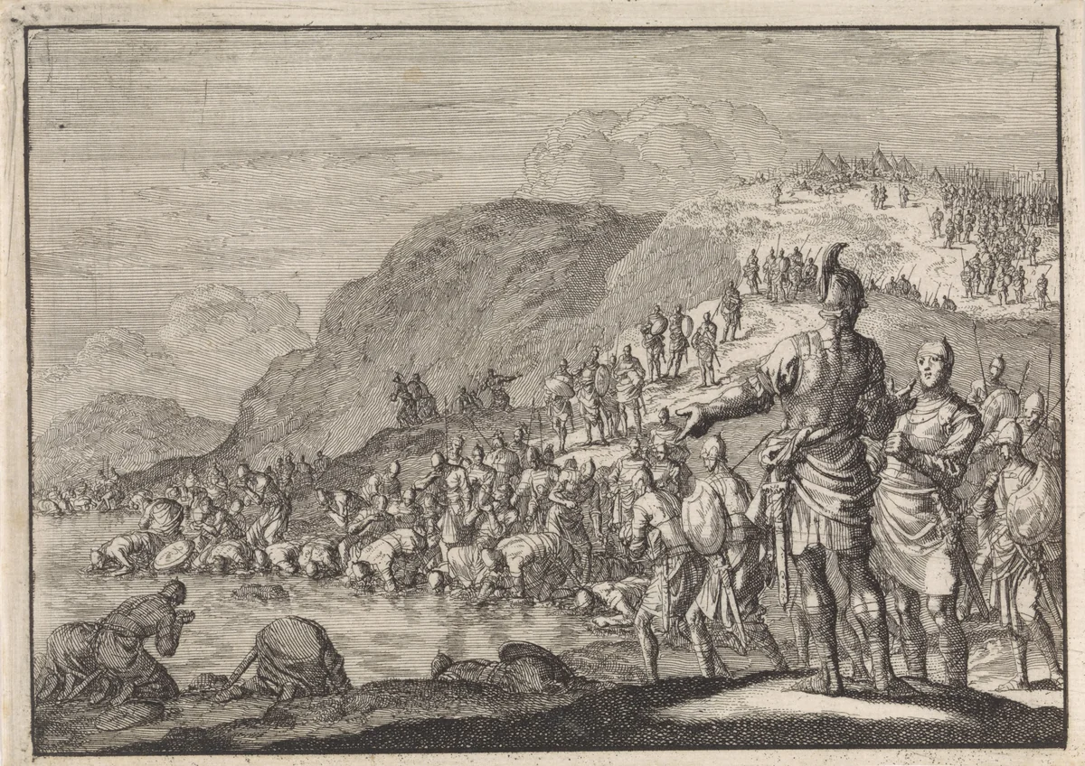 Gideon beveelt zijn manschappen water te drinken by Jan Luyken, print, 1703