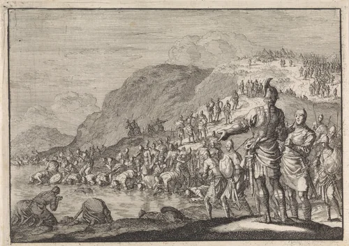 Gideon beveelt zijn manschappen water te drinken by Jan Luyken, print, 1703