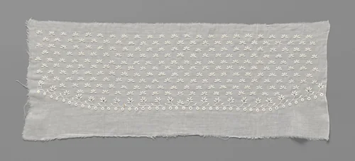 Strook katoen met een strooipatroon van kantborduurwerk met rijen halve vergeet-mij-nietjes met opengewerkt bloemhartje by anonymous, other, 1800-1849