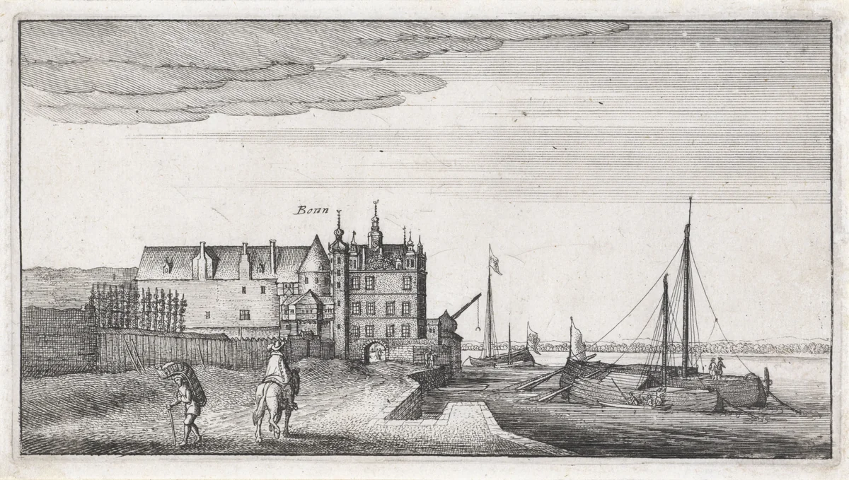 Gezicht op de kanselarij aan de Rijn nabij Bonn by Wenceslaus Hollar, print, 1643-1644