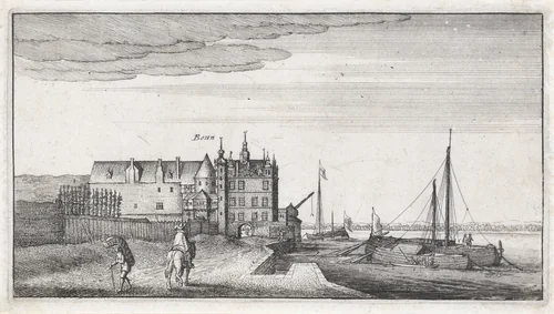 Gezicht op de kanselarij aan de Rijn nabij Bonn by Wenceslaus Hollar, print, 1643-1644