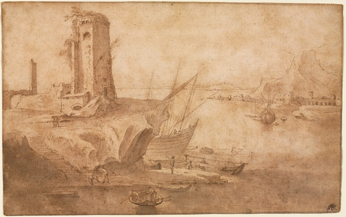 Landscape with Tower at Seashore by Filippo Napoletano, drawing, 1600-1614