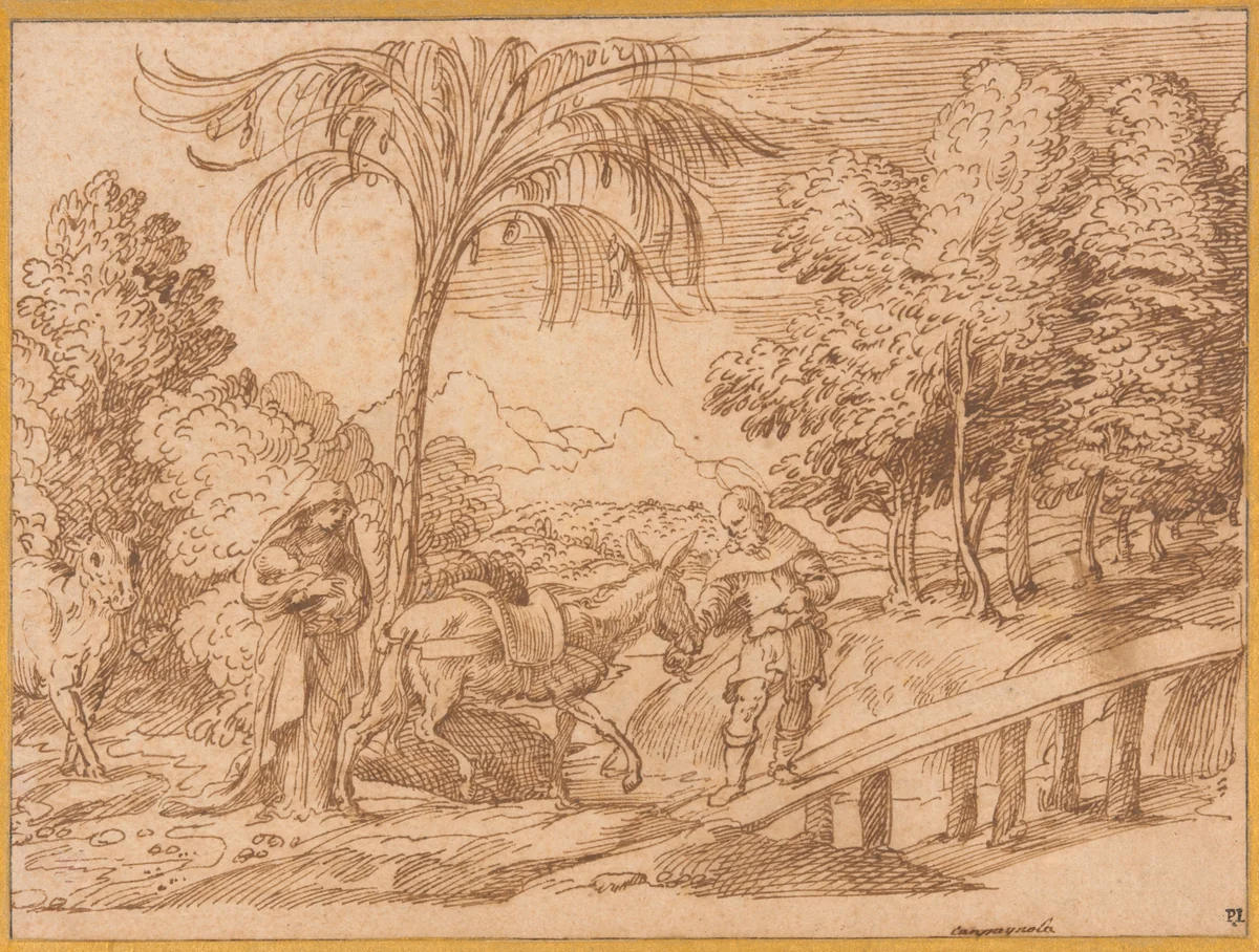 The Flight into Egypt by Domenico Campagnola, drawing, 1540