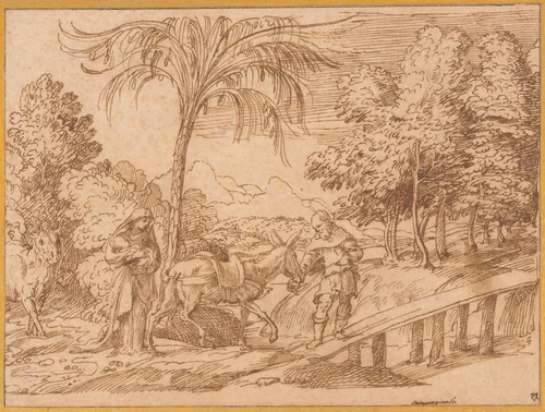 The Flight into Egypt by Domenico Campagnola, drawing, 1540