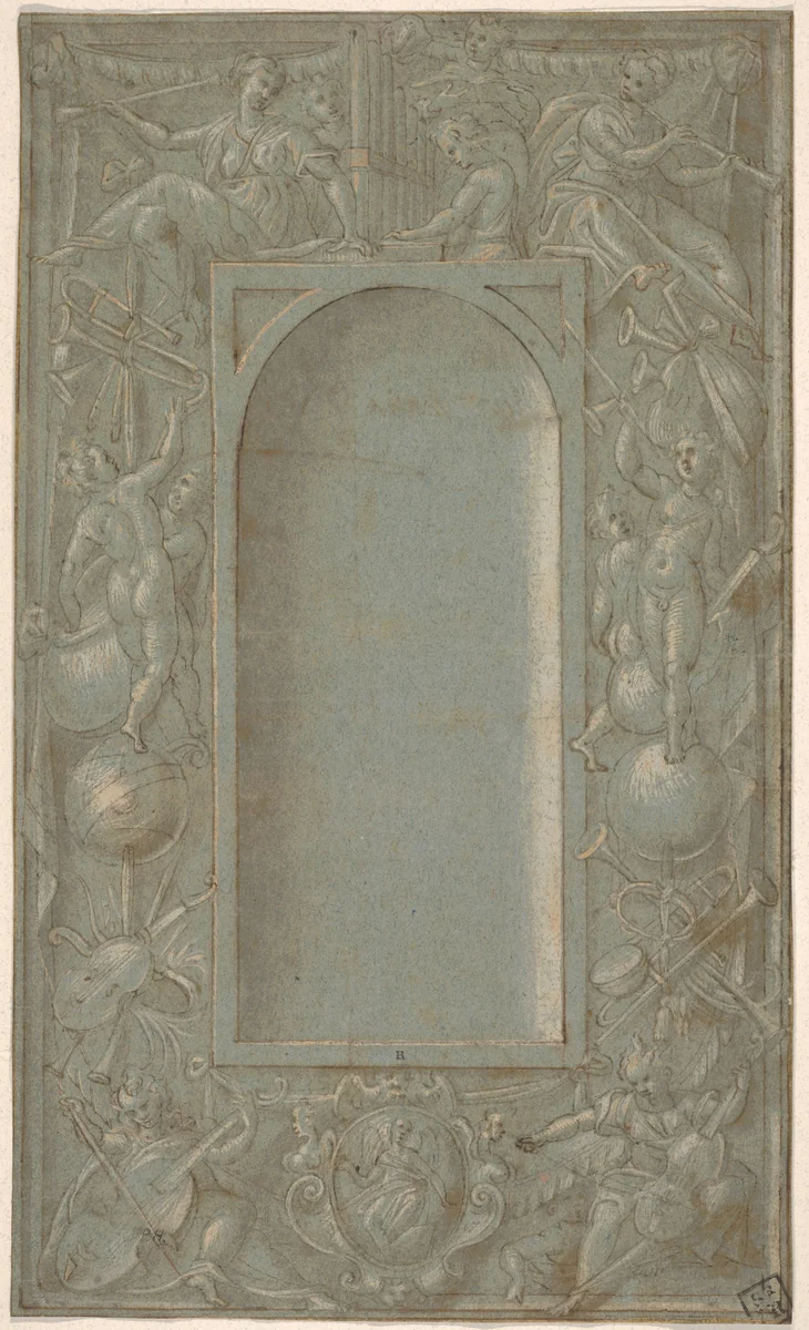 Niche Surrounded by a Decorative Frame Dedicated to the Theme of Music by anonymous, drawing, 1535-1575