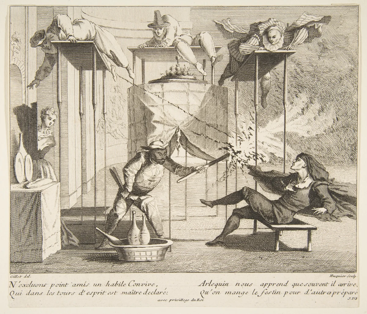 Harlequin menaces Scaramouche with a Torch by Claude Gillot, print, 1685-1722