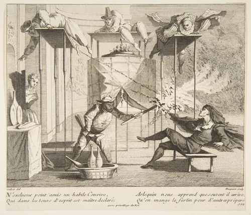 Harlequin menaces Scaramouche with a Torch by Claude Gillot, print, 1685-1722