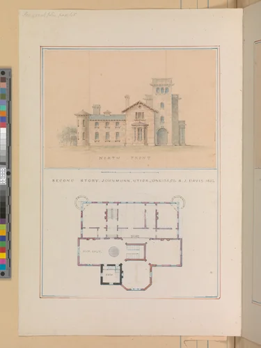 North Front and Second Floor Plan of John Munn House, Utica, New York by Alexander Jackson Davis, drawing, 1854