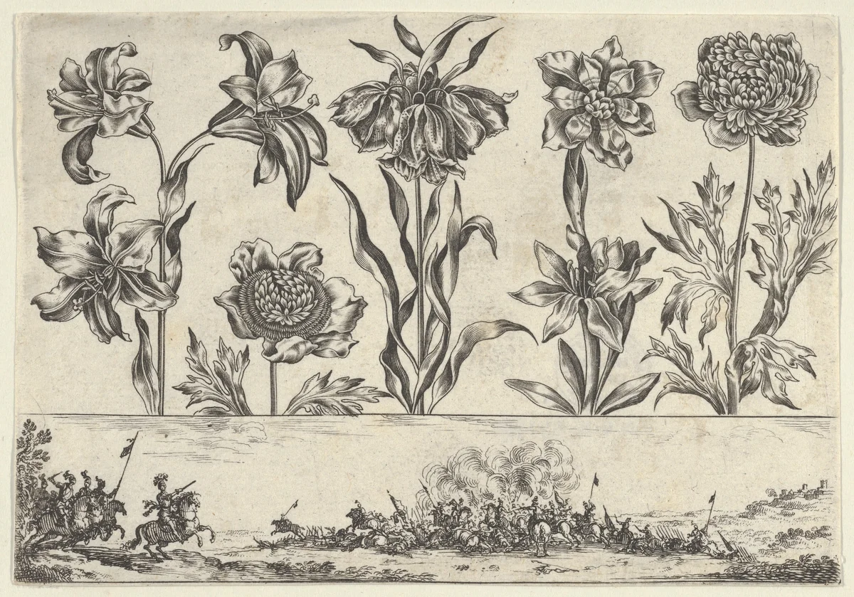 Horizontal Panel with a Row of Flowers Above a Frieze with a Battle Scene in a Landscape, from "Livre Nouveau de Fleurs Tres-Util" by Nicolas Cochin, print, 1645