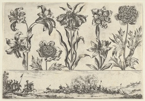 Horizontal Panel with a Row of Flowers Above a Frieze with a Battle Scene in a Landscape, from "Livre Nouveau de Fleurs Tres-Util" by Nicolas Cochin, print, 1645