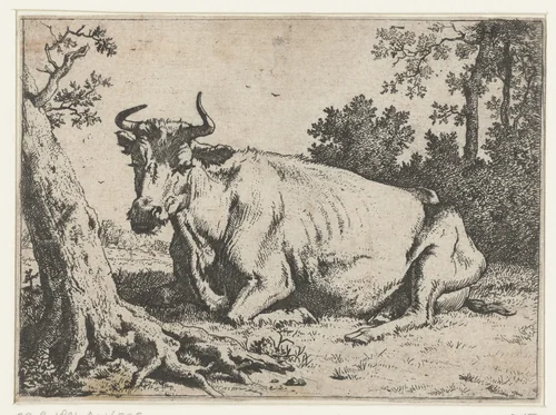 Liggende koe bij een boom by Paulus Potter, print, 1635-1654