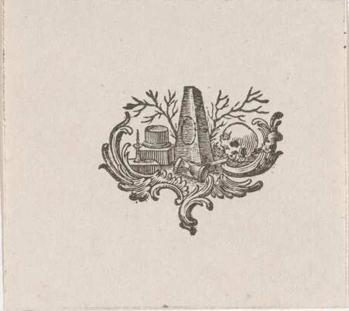 Vignet met vanitassymbolen by Hendrik Numan, print, 1746-1788