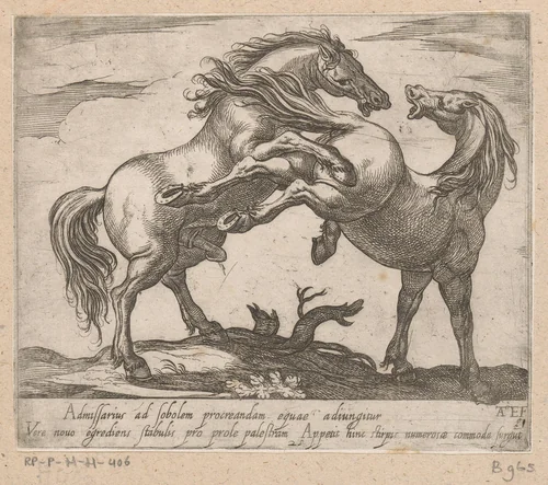 Twee parende paarden by Unknown, print, 1590