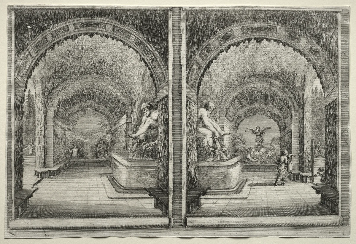 Views of the Villa of Pratolino: Two Views of the Grotto by Stefano della Bella, print, 1648-1658