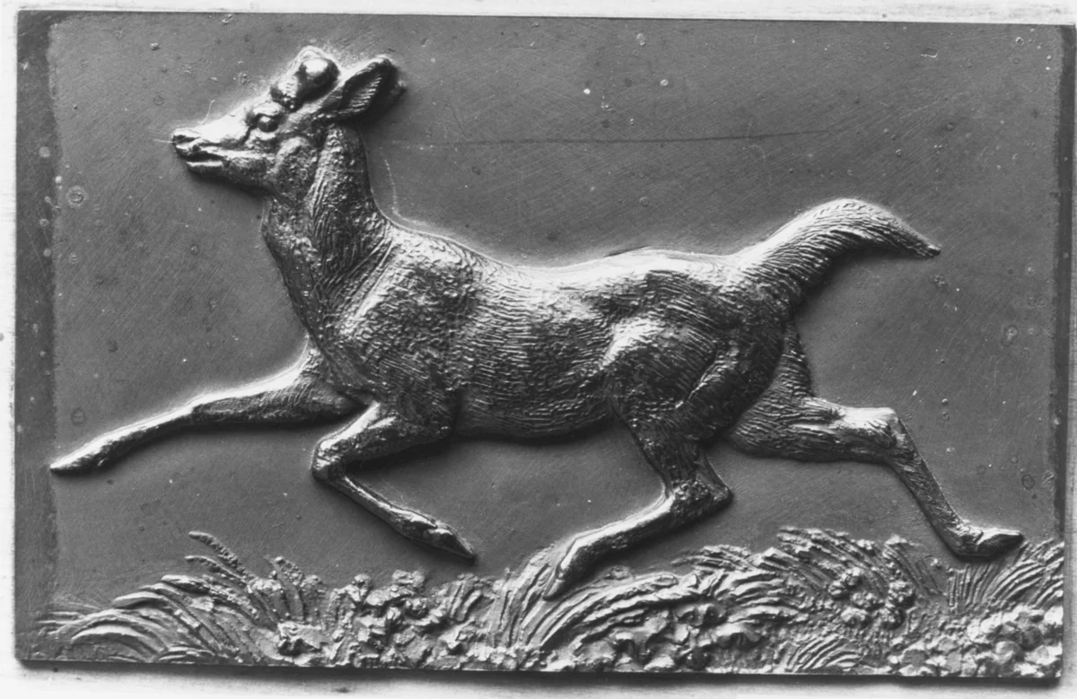 Virginia stag, without antlers, running by Antoine-Louis Barye, metalwork, 1831