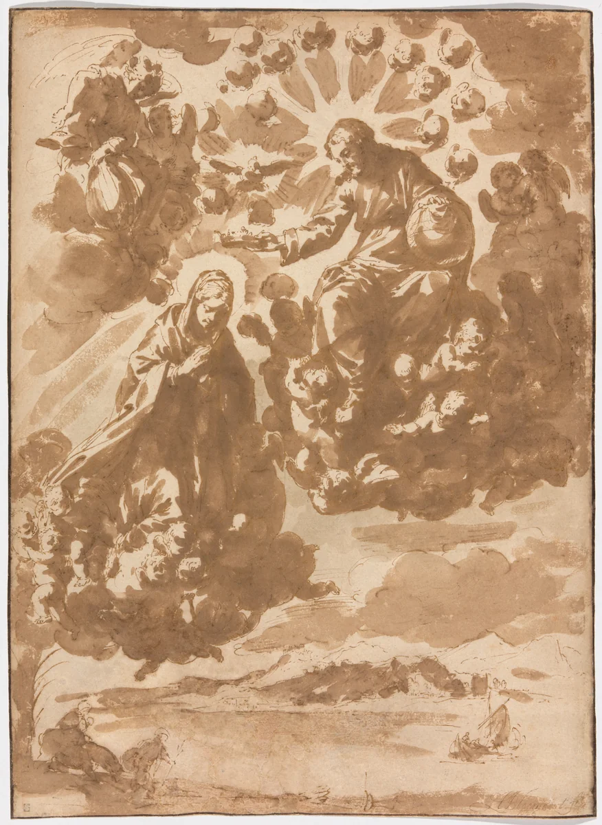 The Coronation of the Virgin and The Flight into Egypt by Jan de Bisschop, drawing, 1648-1671