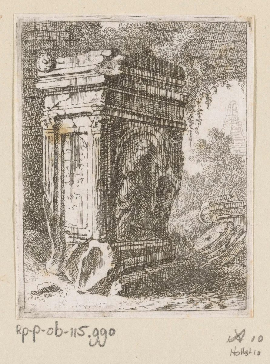 Vervallen monument met vrouwenfiguur by Johann Franz Ermels, print, 1651-1693