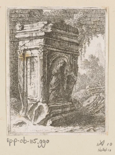 Vervallen monument met vrouwenfiguur by Johann Franz Ermels, print, 1651-1693