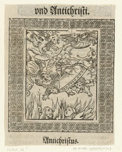 Val van paus in de hel by Lucas Cranach, print, 1521-1522