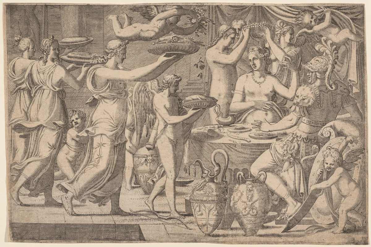 Venus and Mars Served by Cupid and the Three Graces by Léon Davent; Luca Penni, print, 1542-1552
