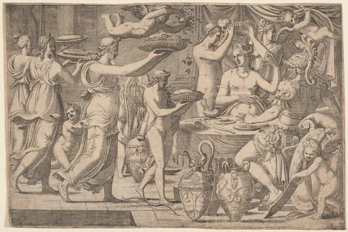 Venus and Mars Served by Cupid and the Three Graces by Léon Davent; Luca Penni, print, 1542-1552
