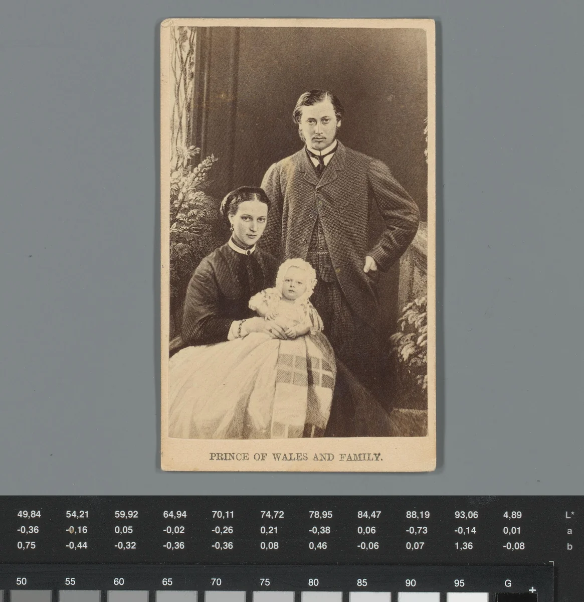 Portret van Edward VII, Alexandra van Denemarken en Prince Albert Victor met reclame voor een geneesmiddel van W. H. Bell, Boston by anonymous, photograph, 1864-1868