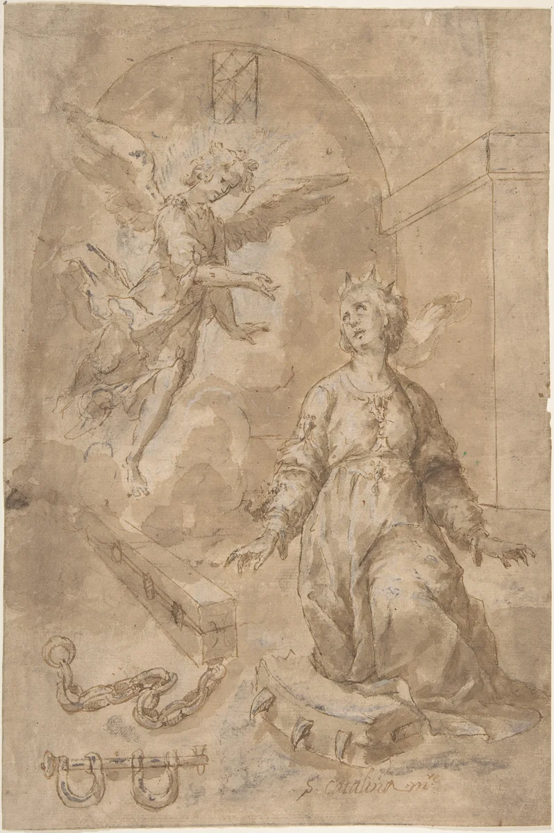 An Angel Appearing to Saint Catherine of Alexandria in Prison (recto); Volute (verso) by anonymous, drawing, 1600-1700